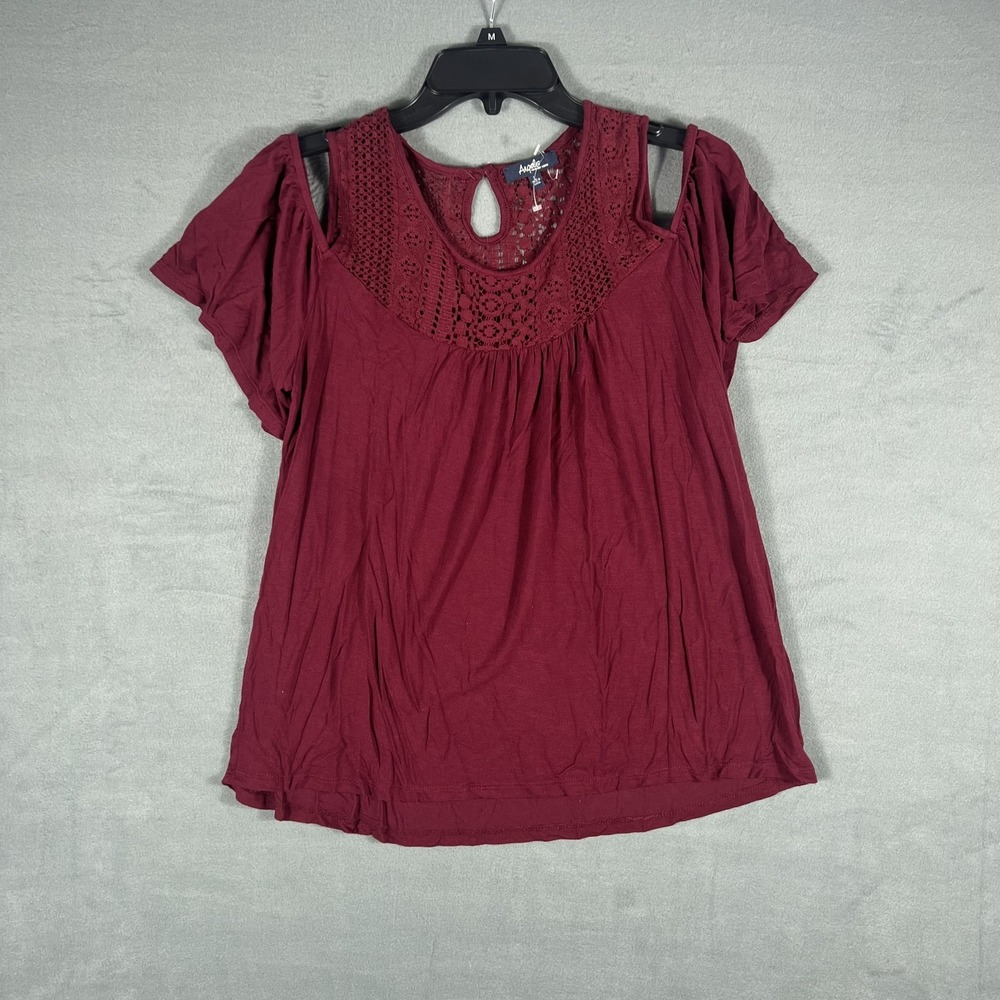 Angels Women's L Burgundy Cold‎ Shoulder Crochet Yoke Top Blouse Rayon Spandex